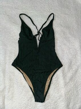Aerie Green Ribbed One-Piece Swimsuit with V-Plunge